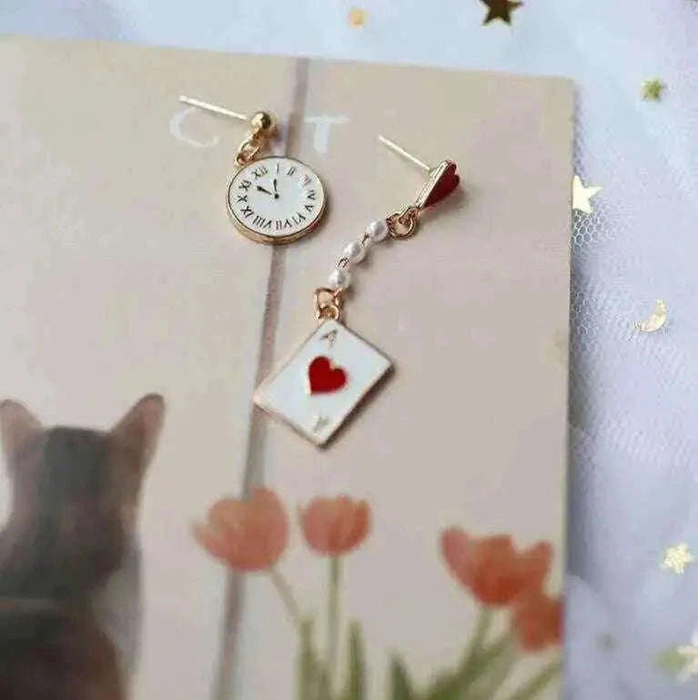 Asymmetric Clock and Poker Card Earrings Jewelry & Watches