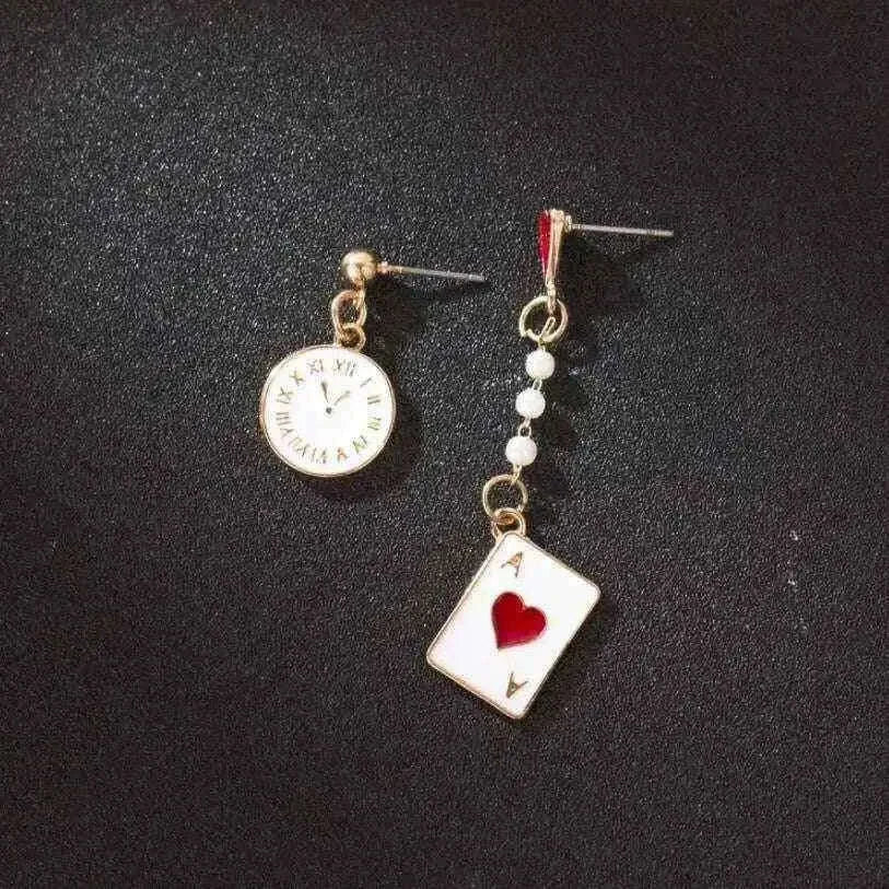 Asymmetric Clock and Poker Card Earrings Jewelry & Watches