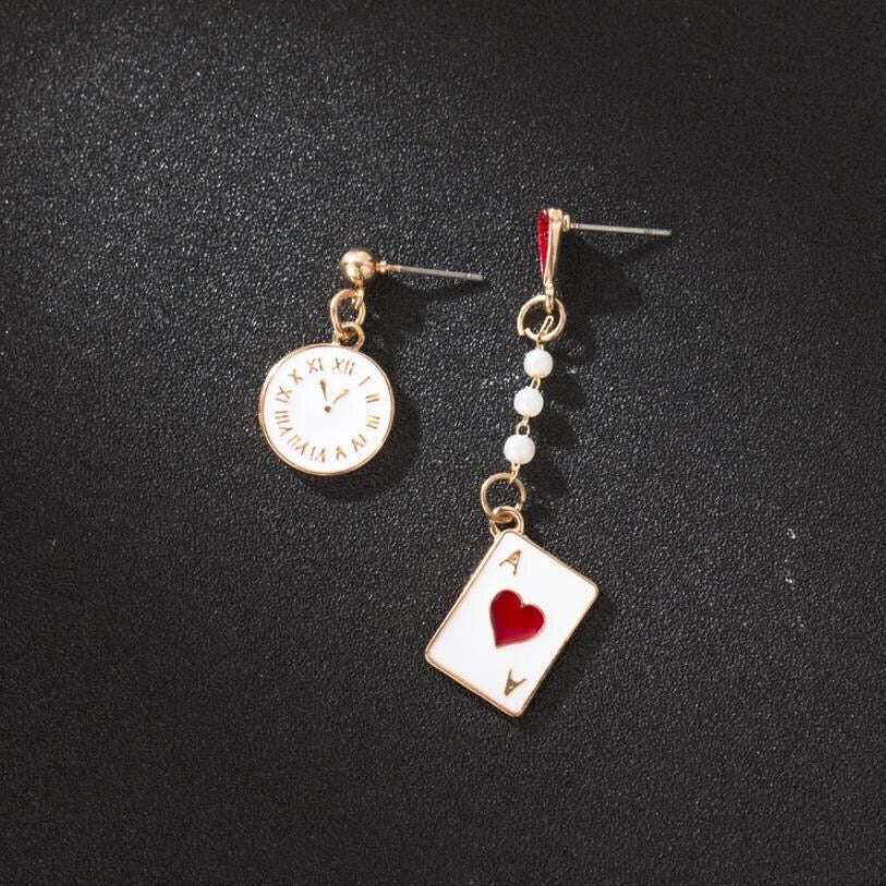 Asymmetric Clock and Poker Card Earrings Jewelry & Watches