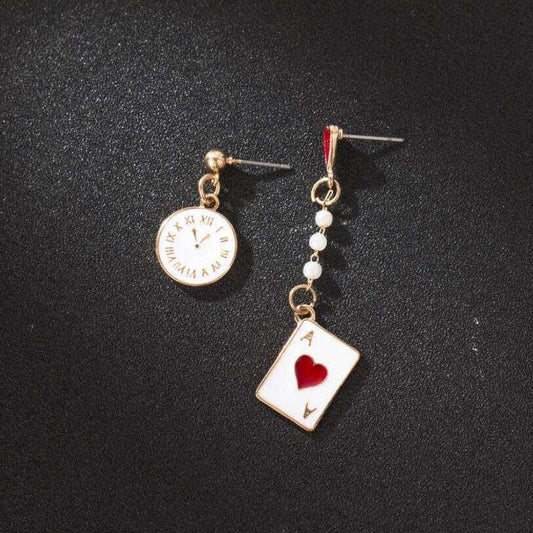 Asymmetric Clock and Poker Card Earrings Jewelry & Watches