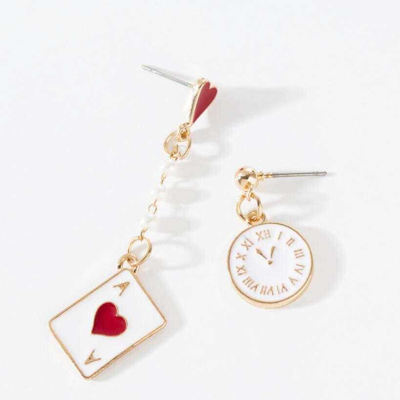 Asymmetric Clock and Poker Card Earrings Jewelry & Watches