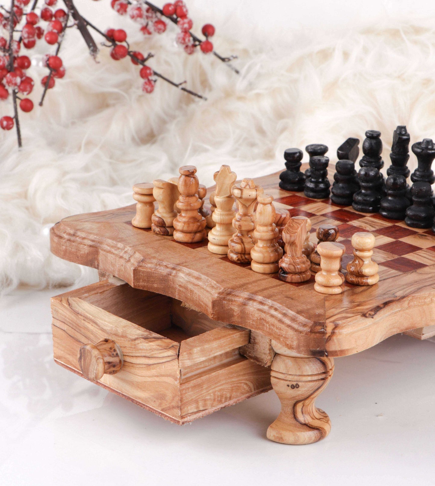 Handcrafted Chess Set with Wavy-Edged Board and Red Squares Personalized
