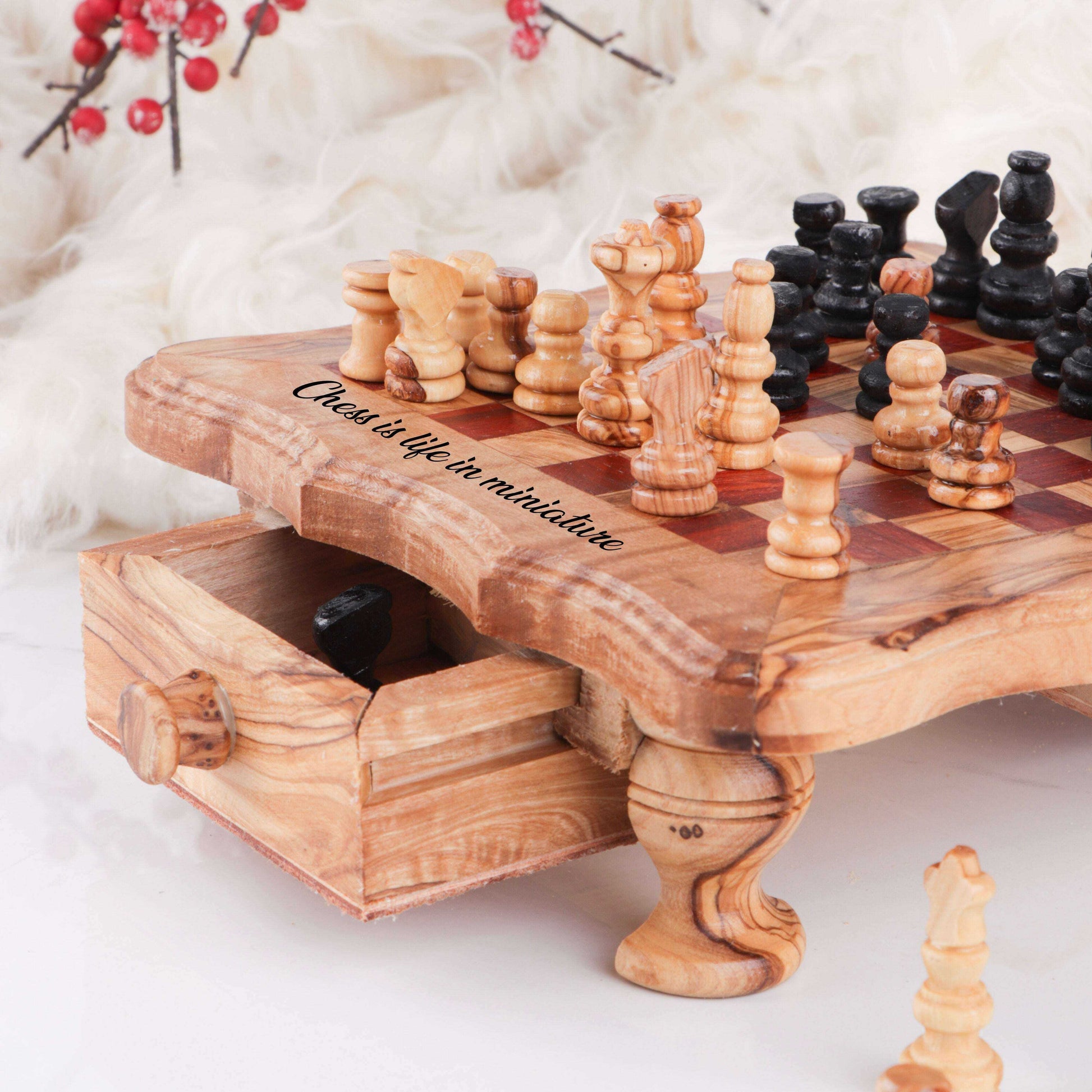 Handcrafted Chess Set with Wavy-Edged Board and Red Squares Personalized