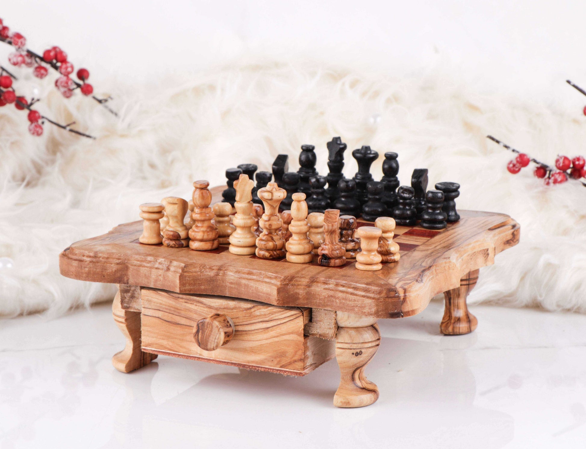 Handcrafted Chess Set with Wavy-Edged Board and Red Squares Personalized