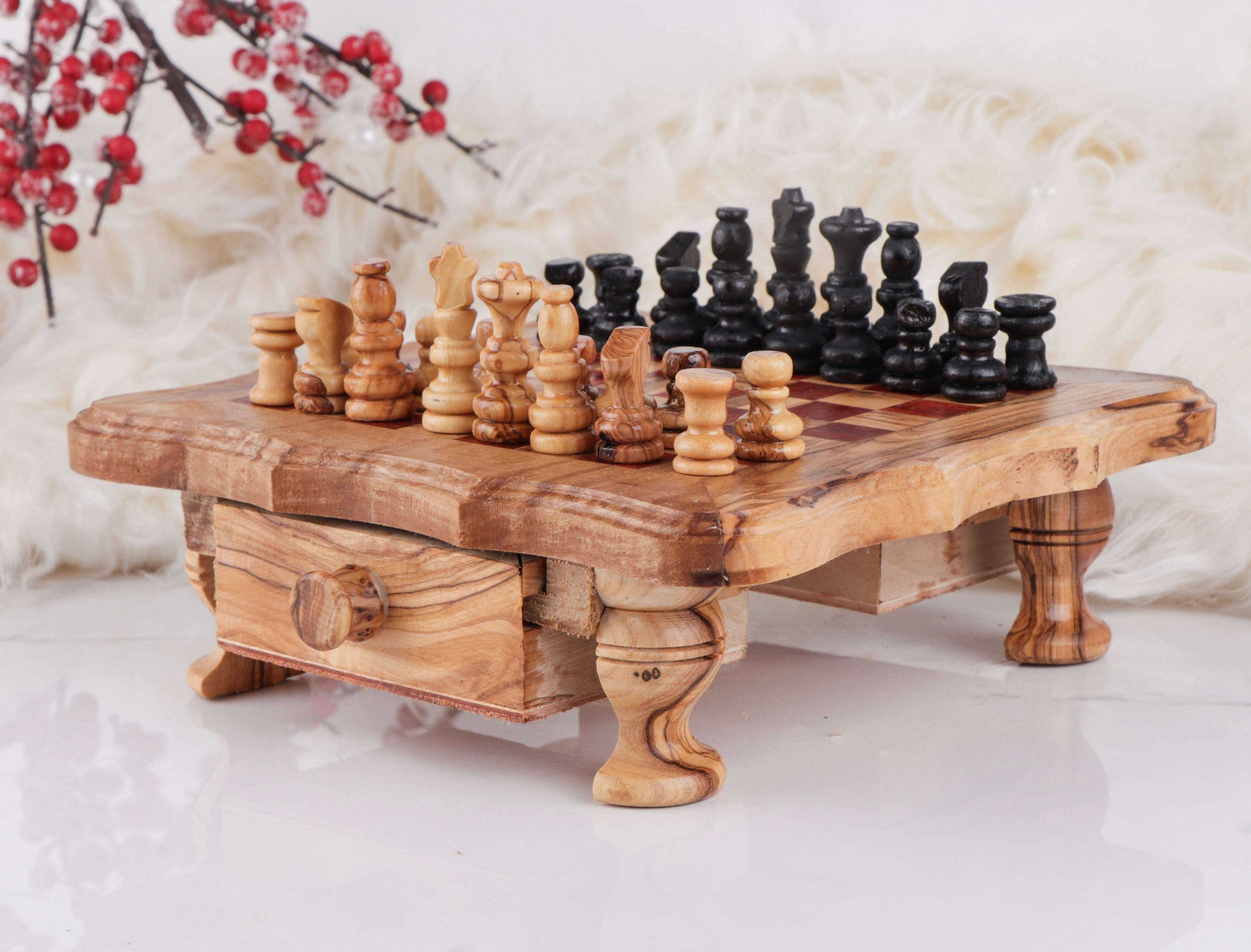 Handcrafted Chess Set with Wavy-Edged Board and Red Squares Personalized