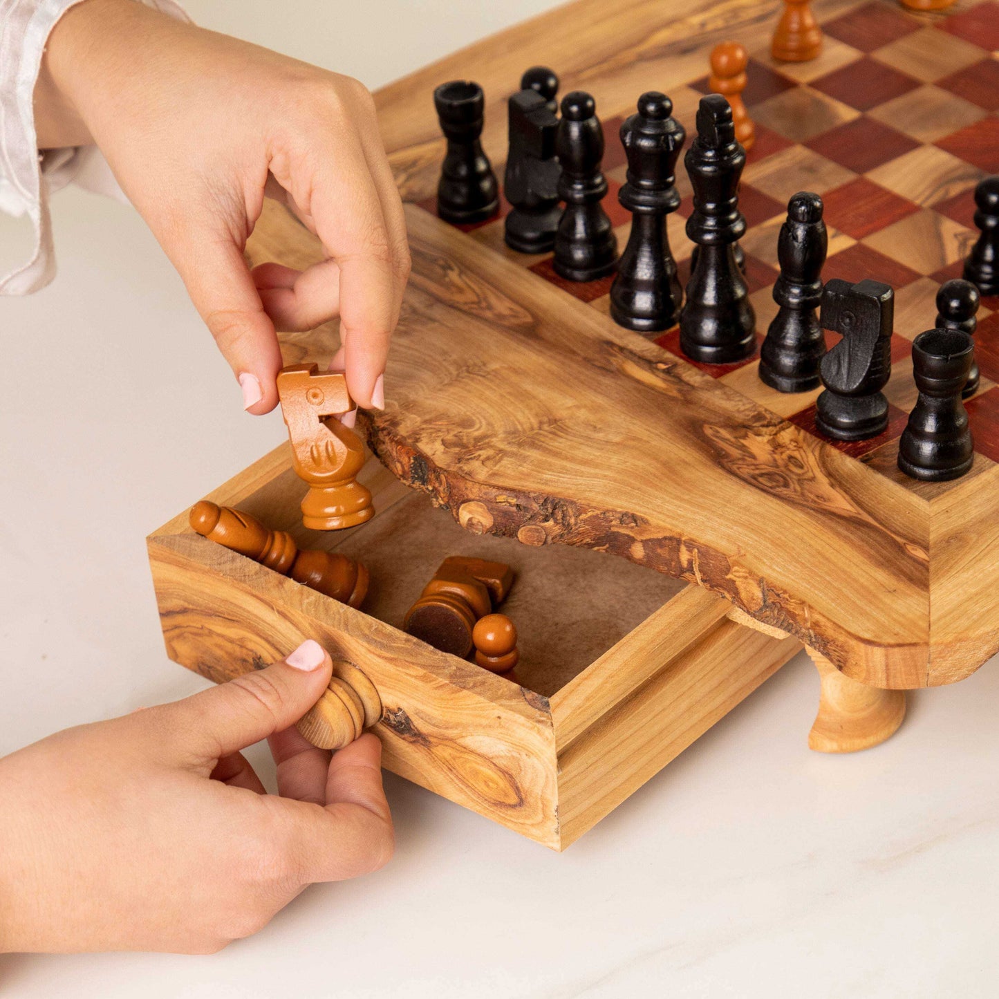 Handcrafted Chess Set with Storage Drawers and Red Squares Personalized