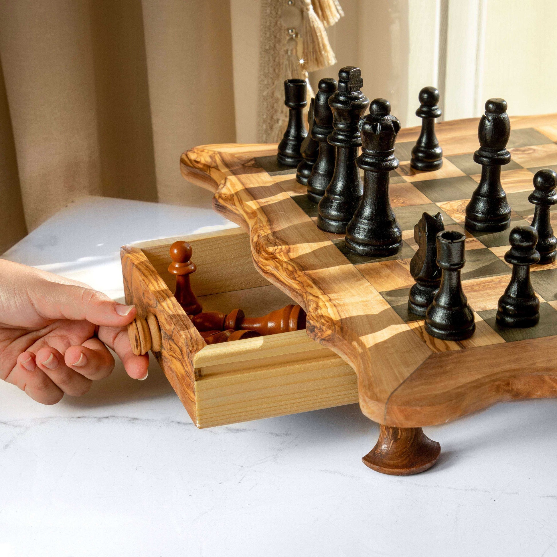 Handcrafted Chess Set with Wavy-Edged Board Personalized