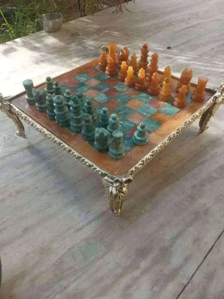 Handcrafted Yellow Aventurine Chess Set with Green Jasper Stones Home & Garden