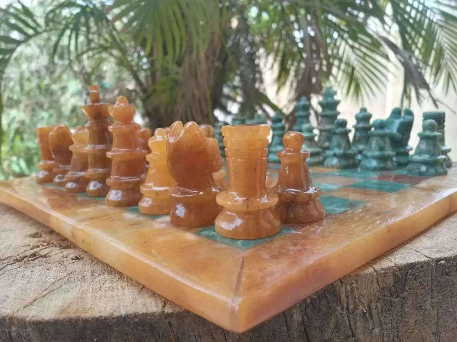 Handcrafted Yellow Aventurine Chess Set with Green Jasper Stones Home & Garden