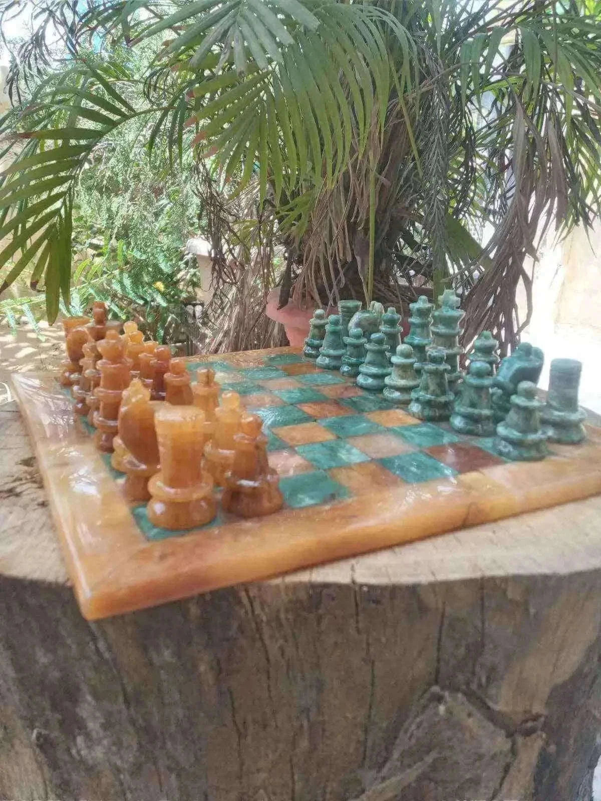Handcrafted Yellow Aventurine Chess Set with Green Jasper Stones Home & Garden