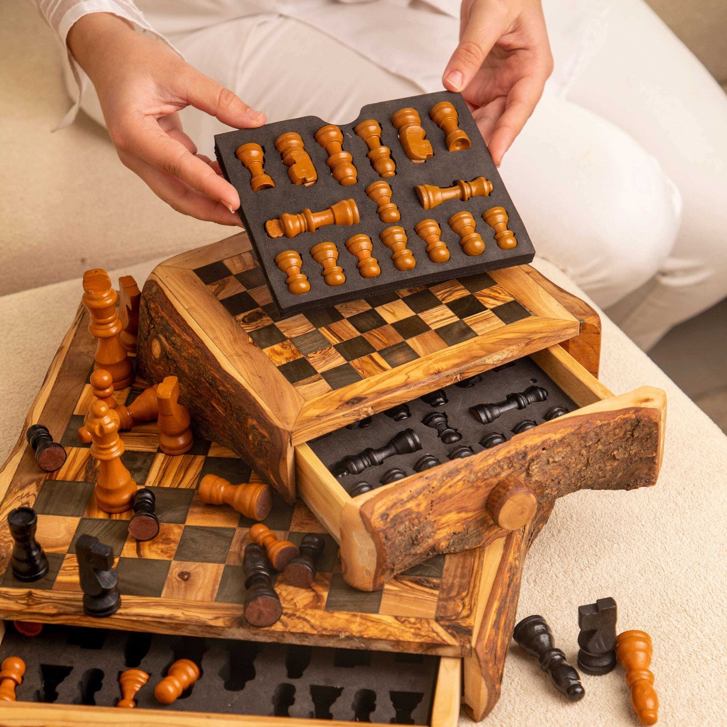 Handcrafted Chess Set with One Large Rustic Drawer Personalized