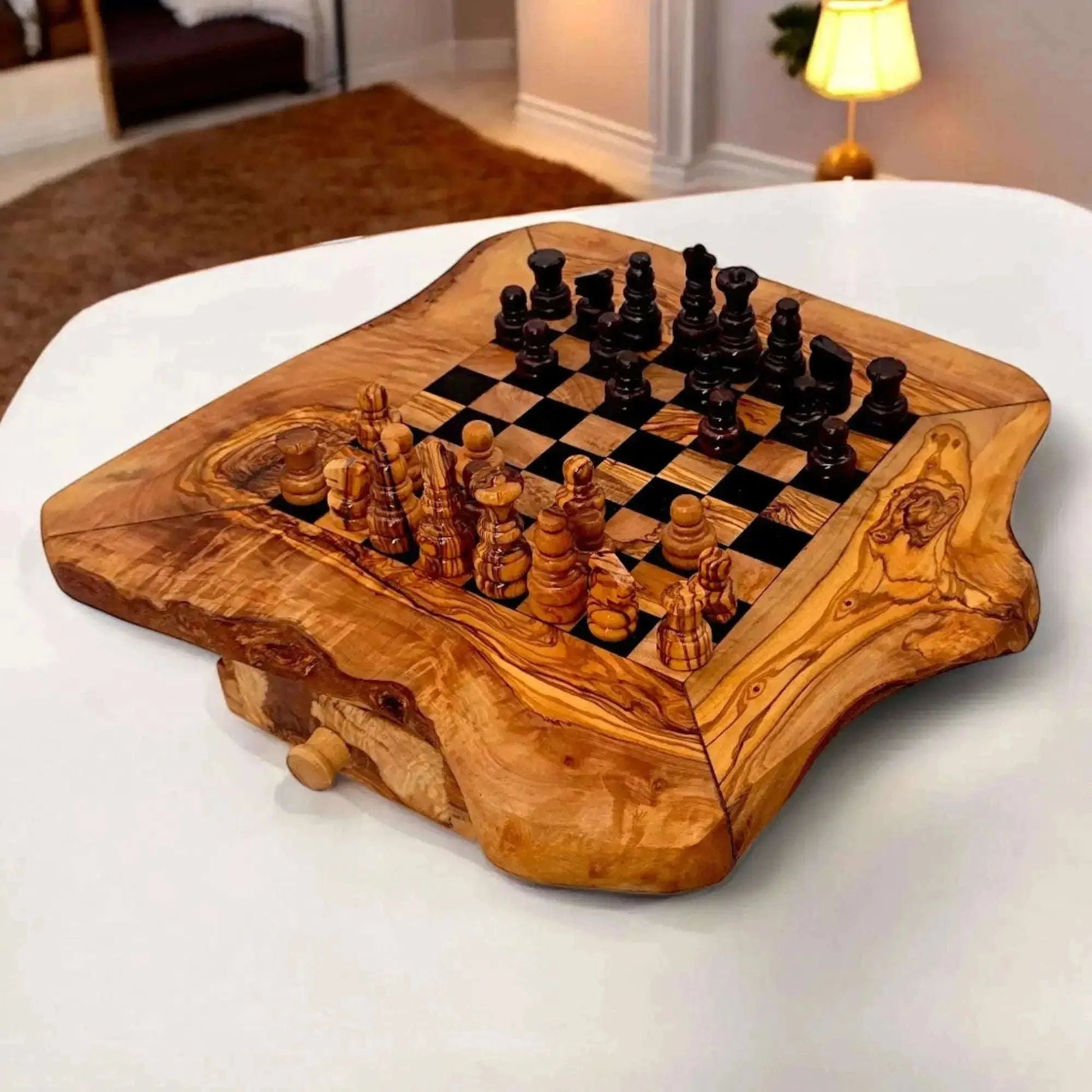 Olive Wood Chess Board with Two Drawers