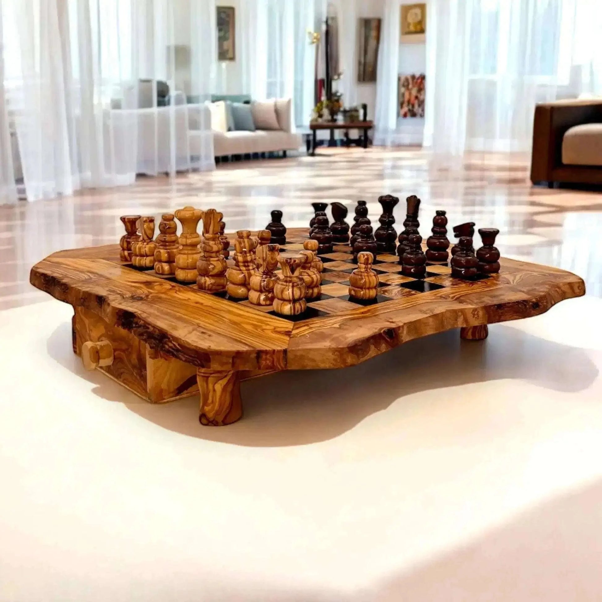 Olive Wood Chess Board with Two Drawers