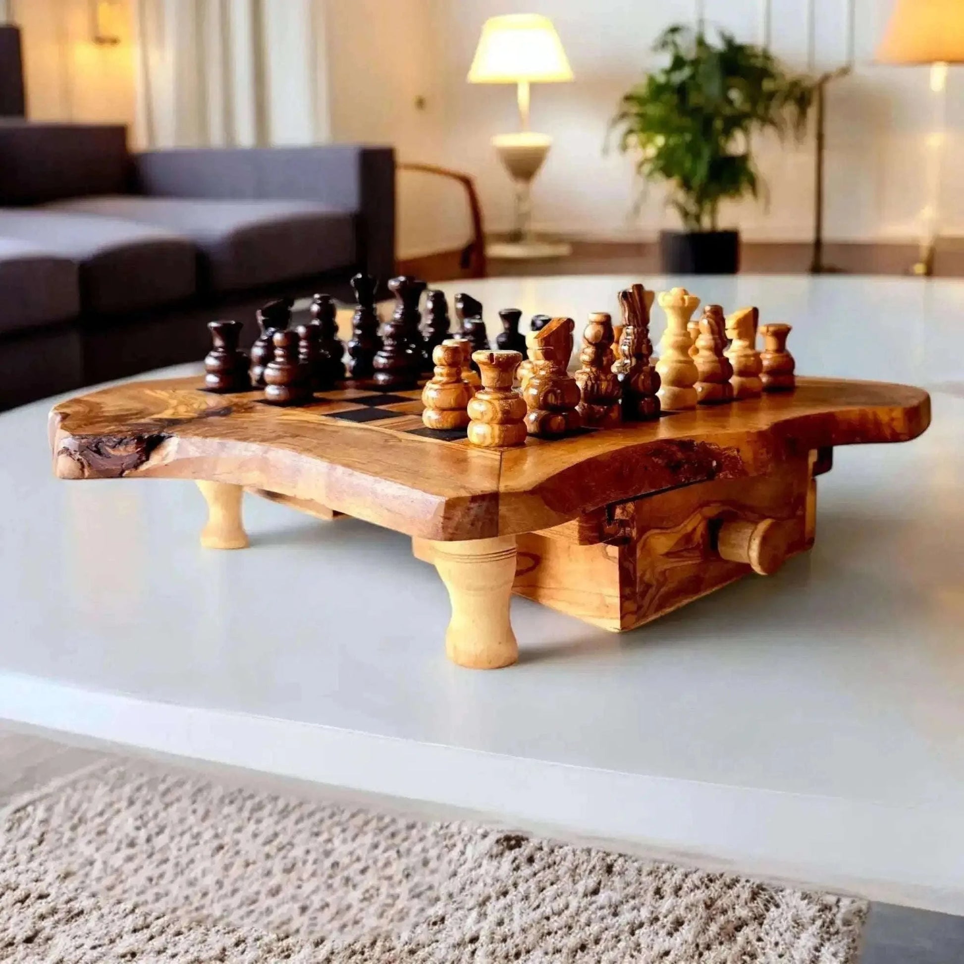 Olive Wood Chess Board with Two Drawers