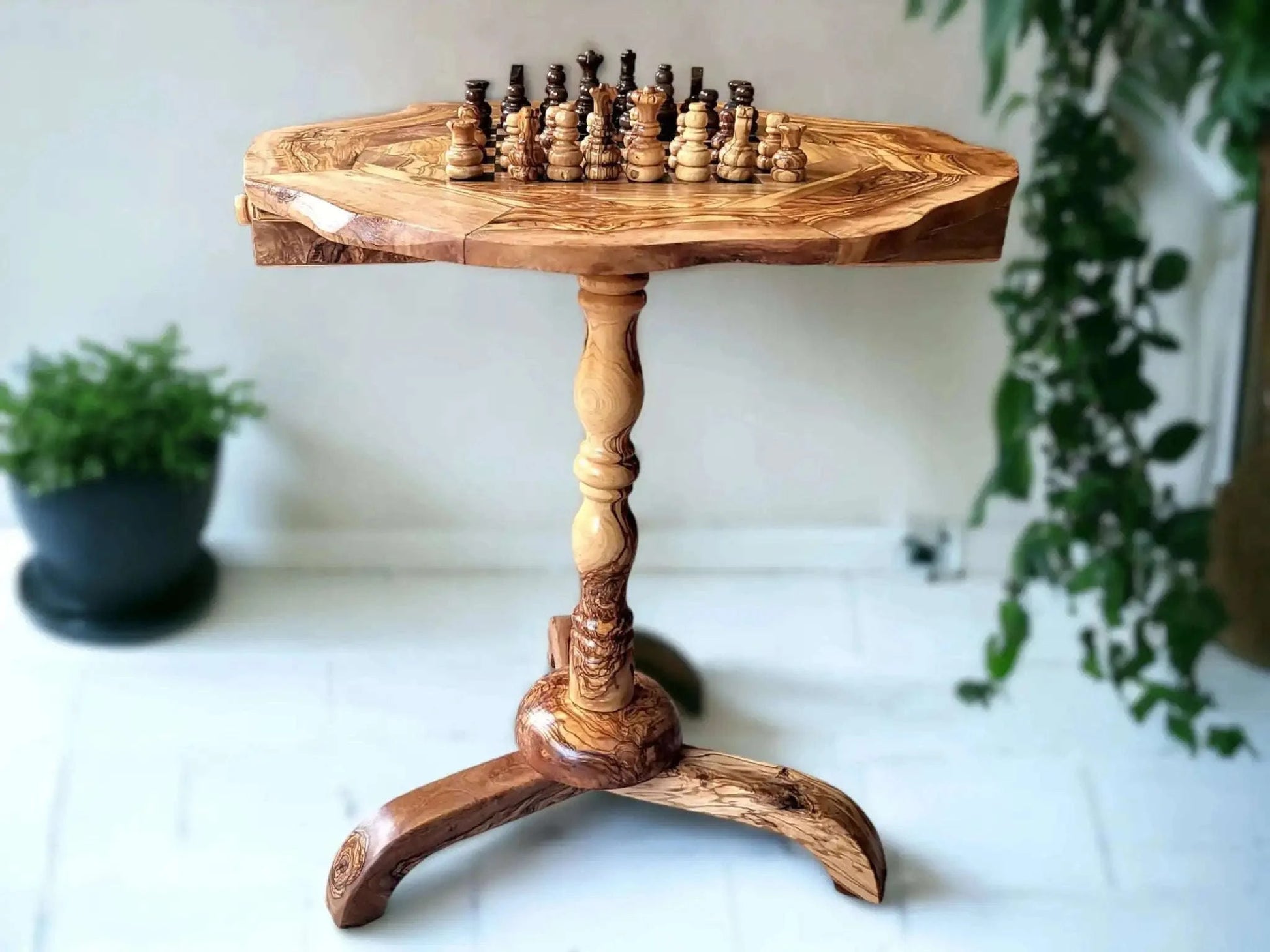 Olive Wood Chess Set 3 Legged Wooden Display Table Wood