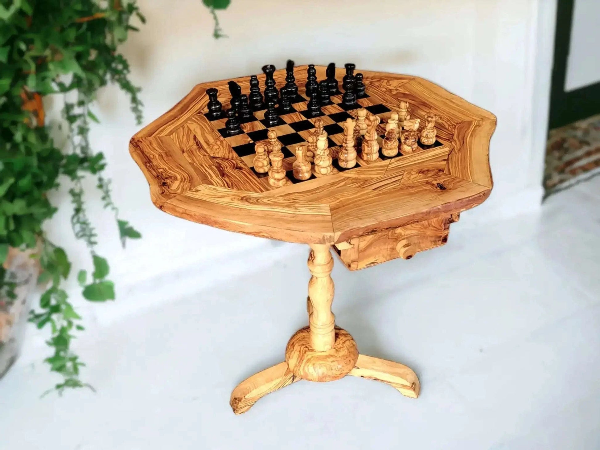 Olive Wood Chess Set 3 Legged Wooden Display Table Wood