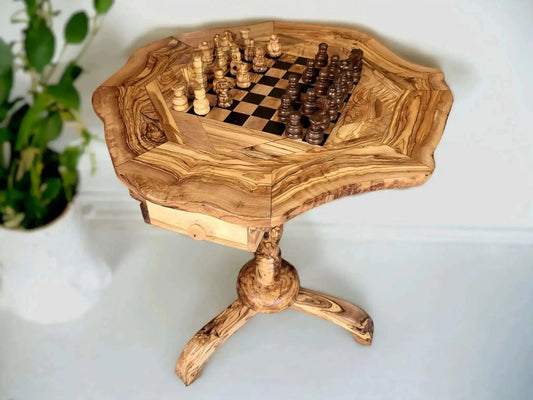 Olive Wood Chess Set 3 Legged Wooden Display Table