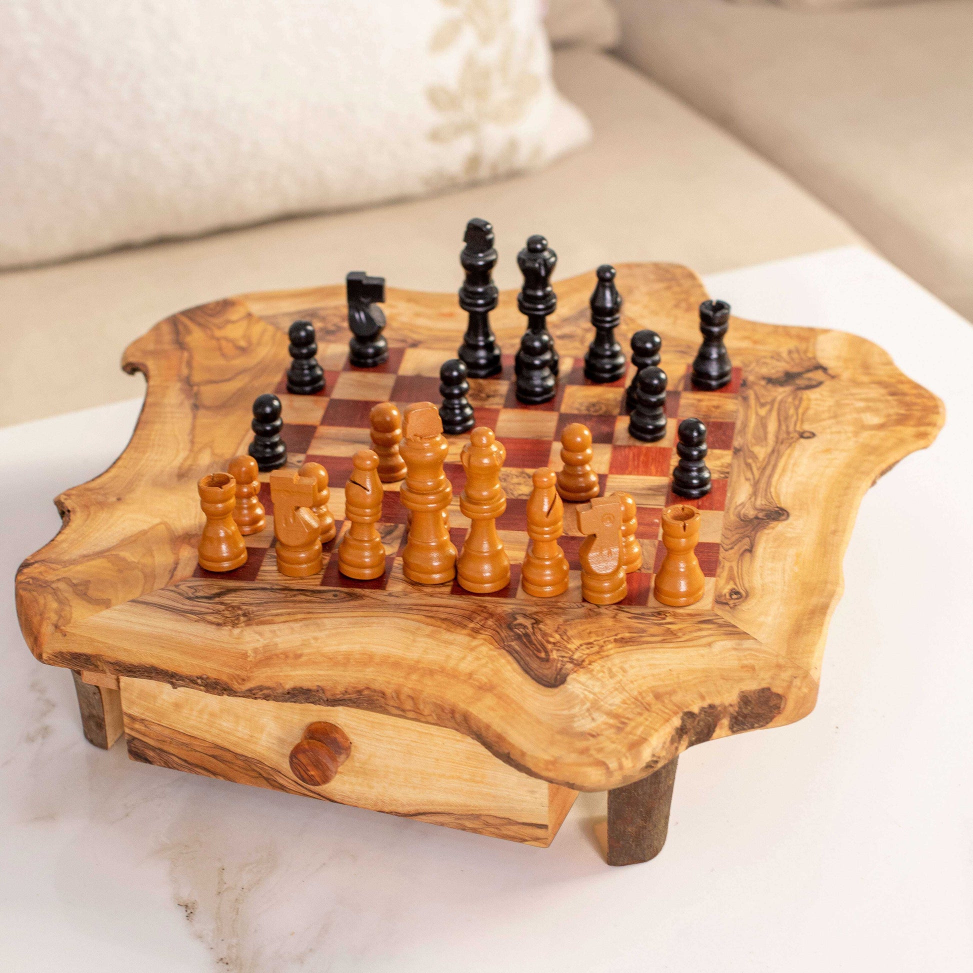 Handcrafted Chess Set with Red Squares and Convenient Drawers Personalized