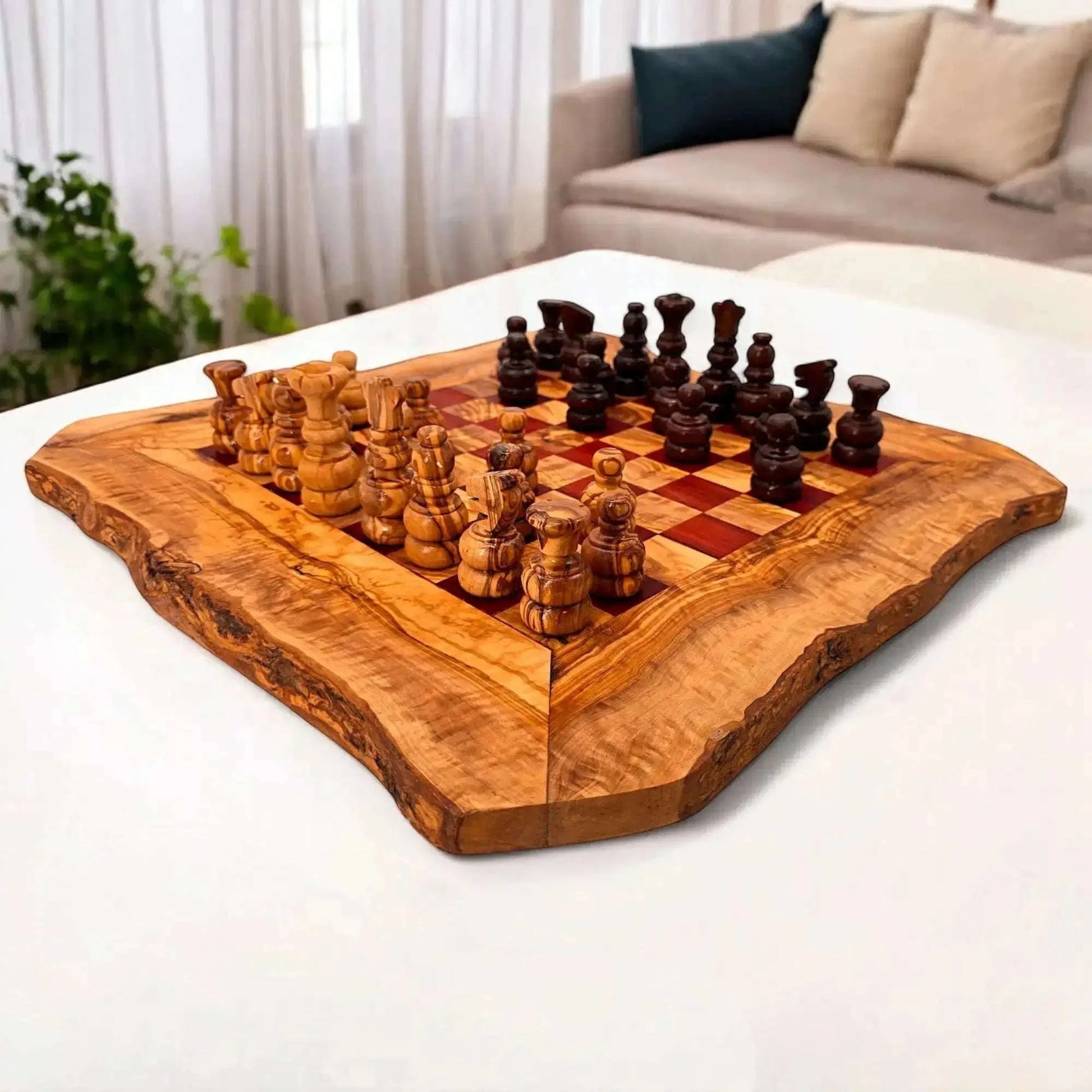Olive Wood Handcrafted Rustic Shaped Wooden Chess Board Set Wood