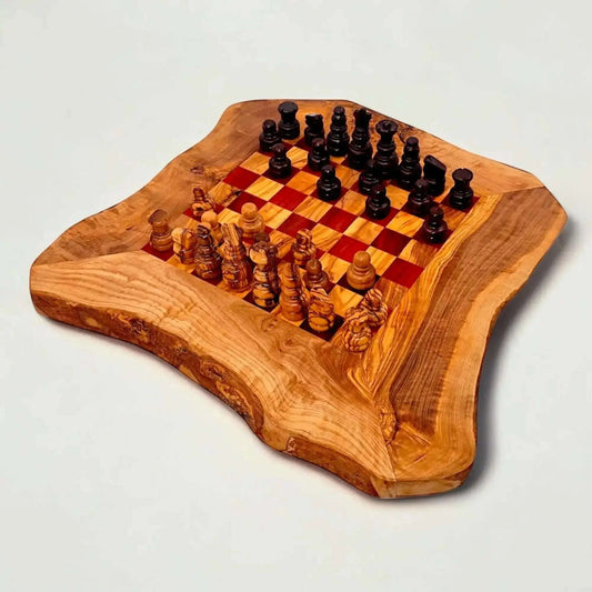 Olive Wood Handcrafted Rustic Shaped Wooden Chess Board Set
