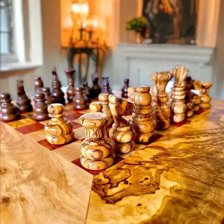 Olive Wood Handcrafted Rustic Shaped Wooden Chess Board Set Wood