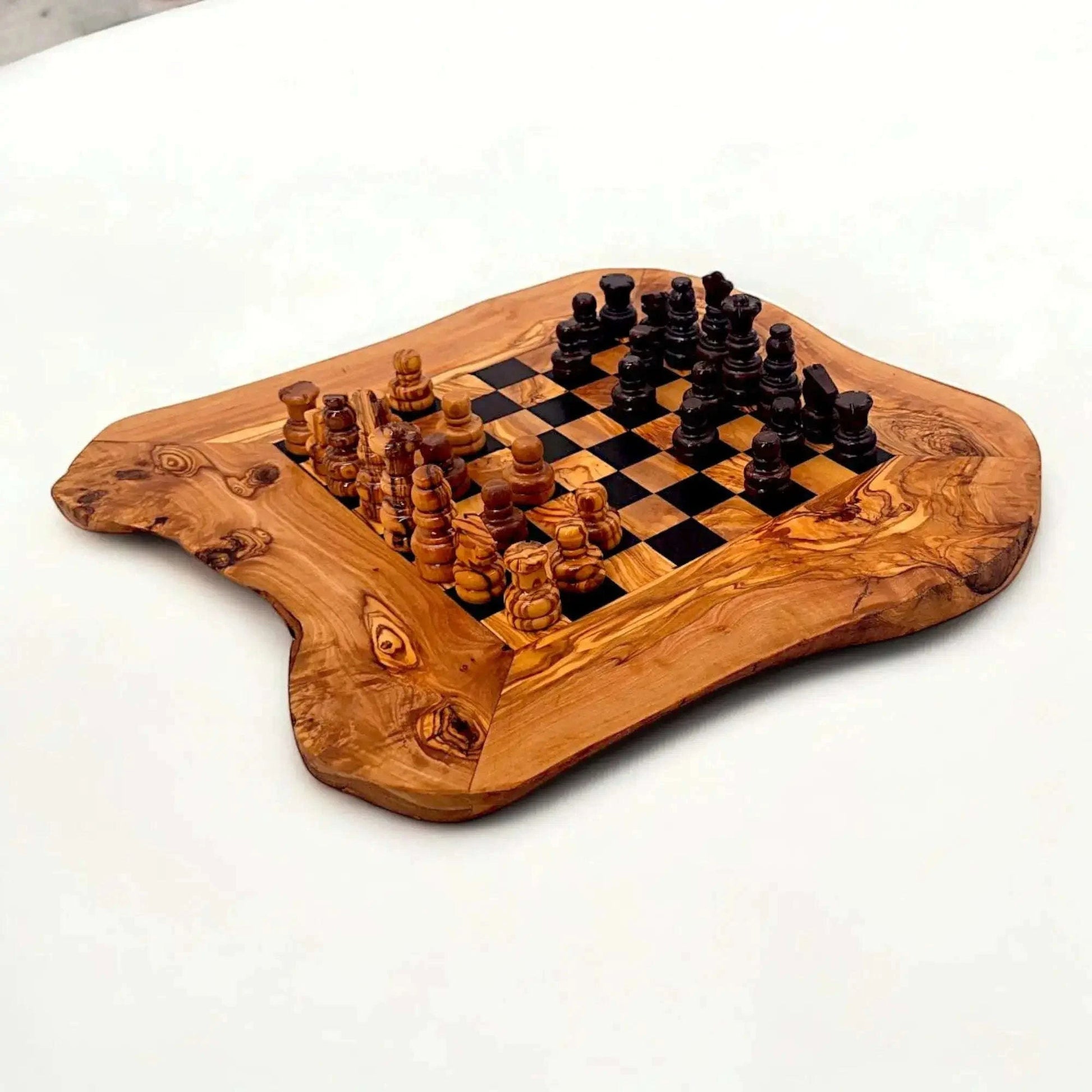 Olive Wood Handcrafted Rustic Shaped Wooden Chess Board Set Wood