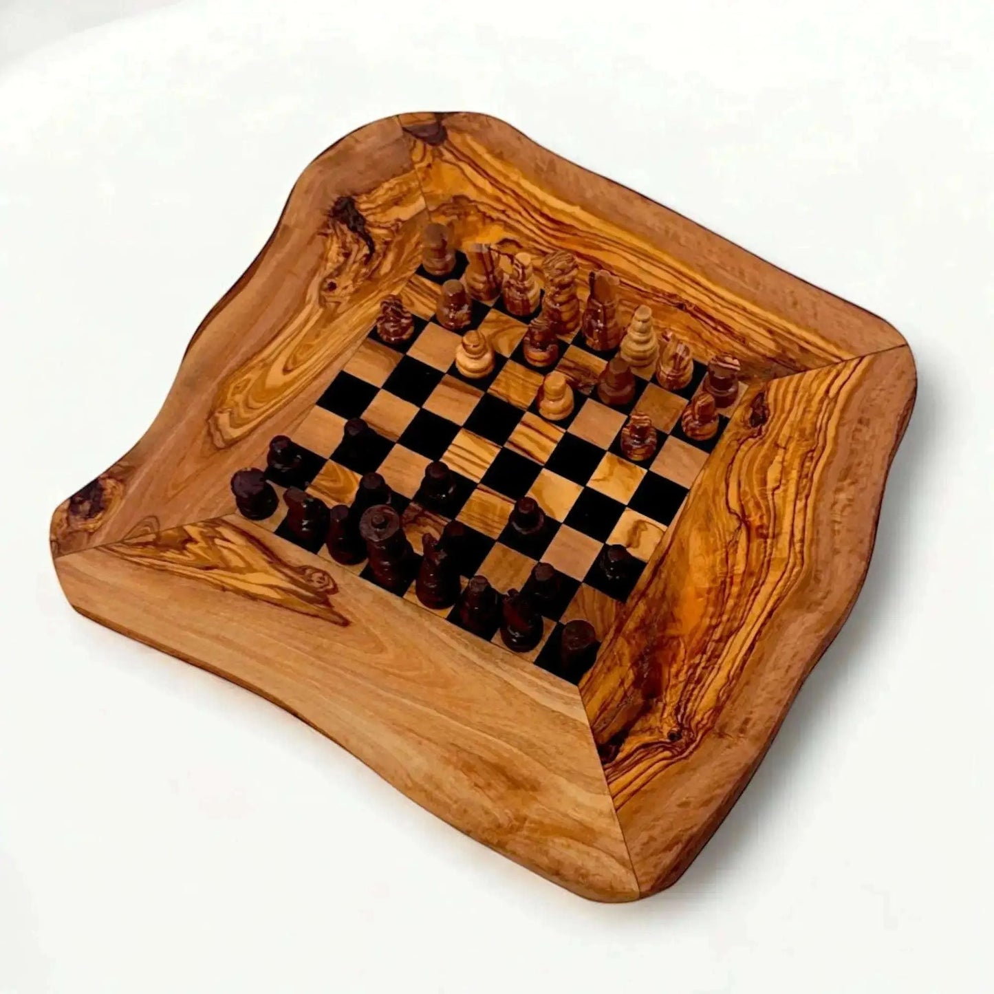 Olive Wood Handcrafted Rustic Shaped Wooden Chess Board Set Wood