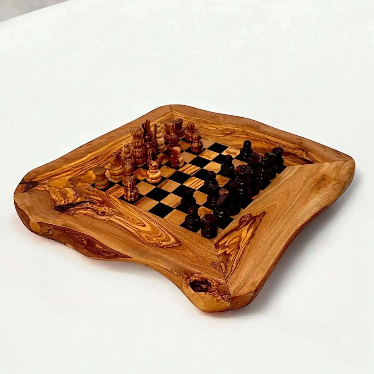 Olive Wood Handcrafted Rustic Shaped Wooden Chess Board Set Wood