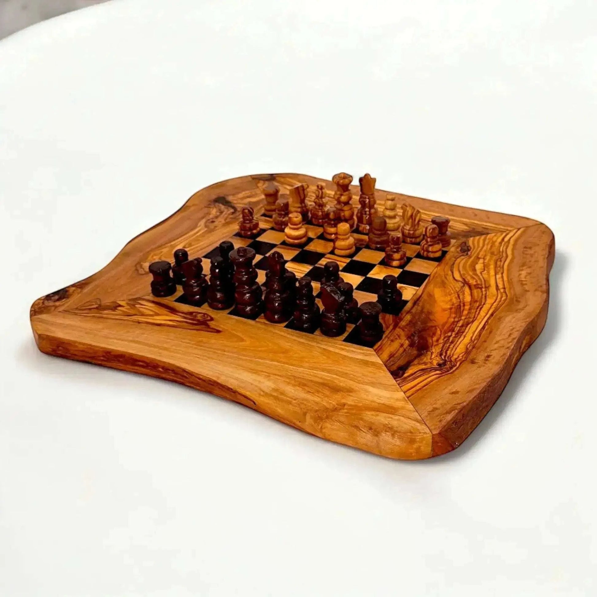 Olive Wood Handcrafted Rustic Shaped Wooden Chess Board Set Wood