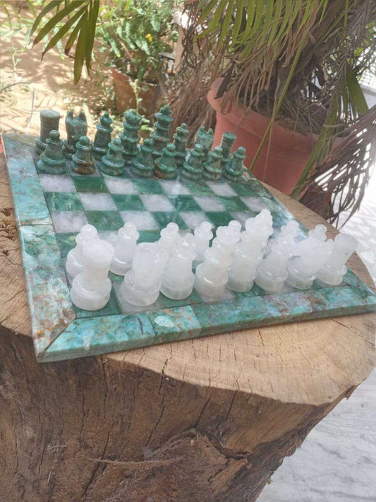 Handcrafted Green Jasper Chess Set with White Quartz Home & Garden