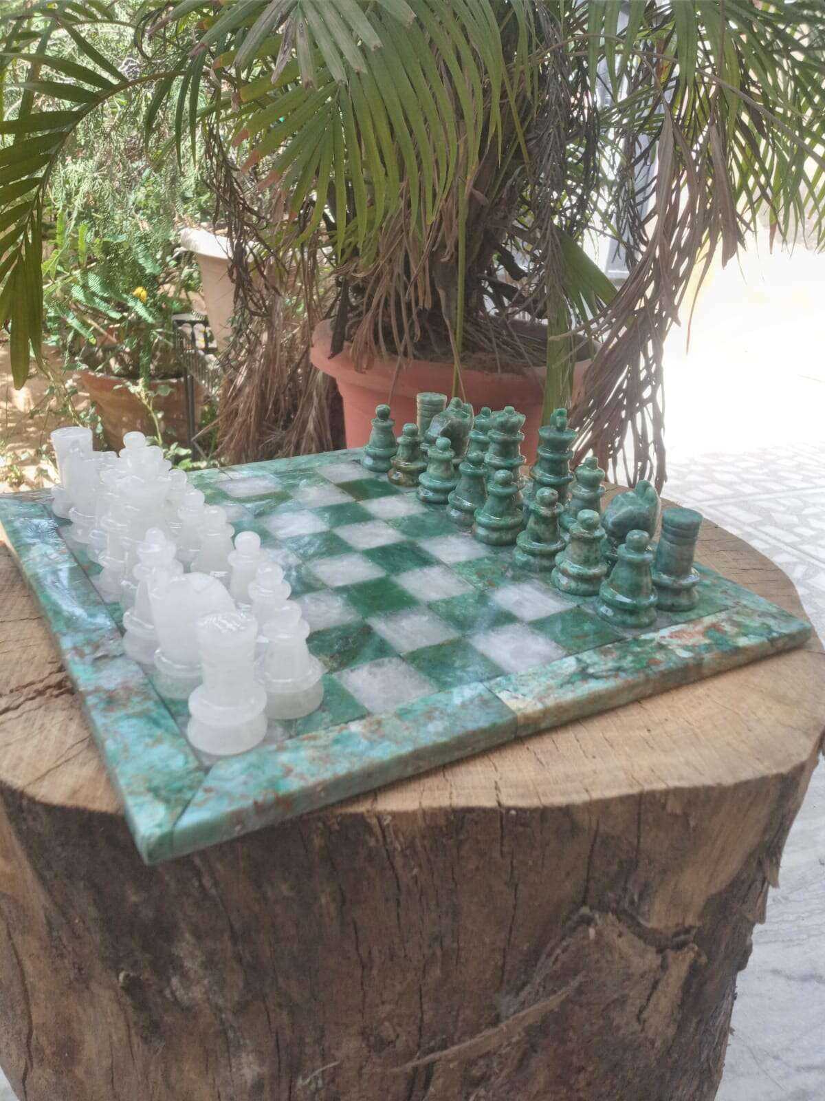 Handcrafted Green Jasper Chess Set with White Quartz Home & Garden