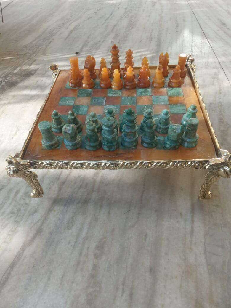 Handcrafted Yellow Aventurine Chess Set with Green Jasper Stones Home & Garden