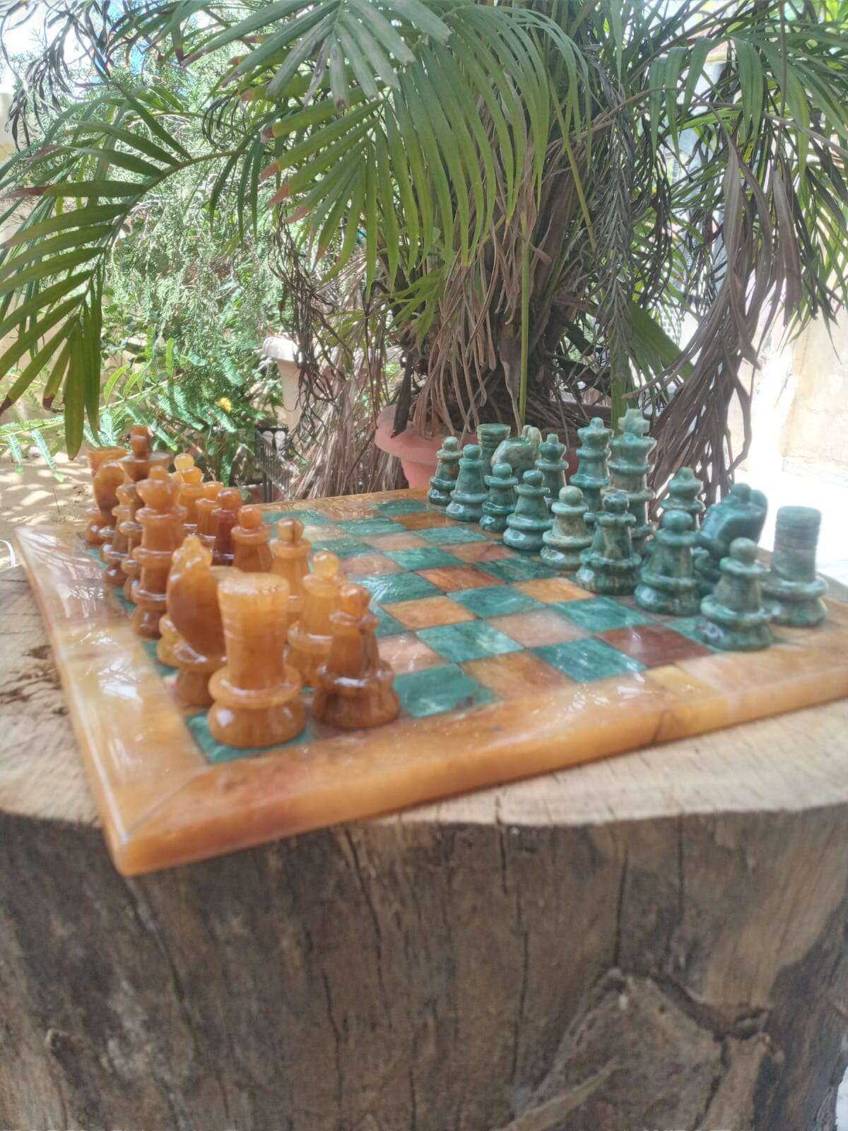 Handcrafted Yellow Aventurine Chess Set with Green Jasper Stones Home & Garden
