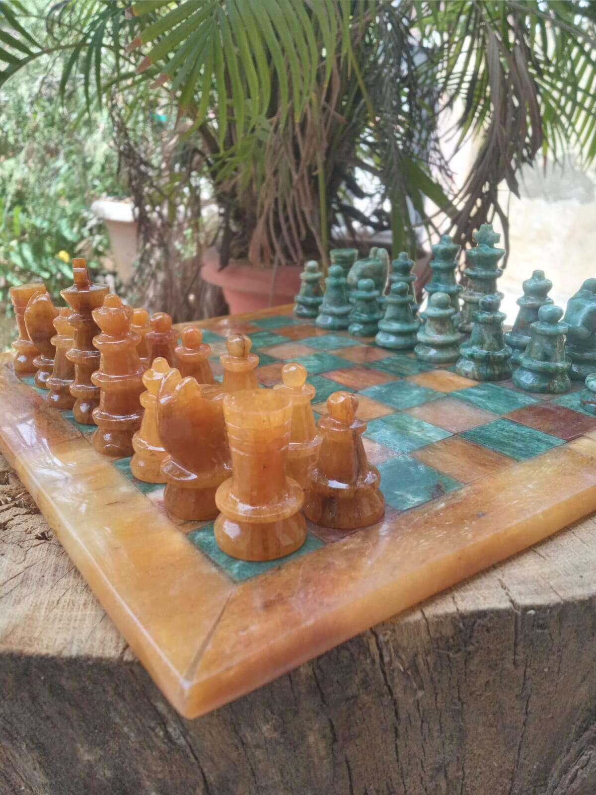 Handcrafted Yellow Aventurine Chess Set with Green Jasper Stones Home & Garden