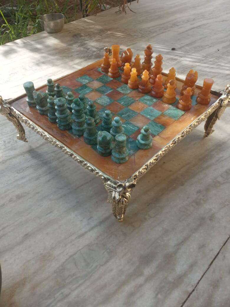 Handcrafted Yellow Aventurine Chess Set with Green Jasper Stones Home & Garden