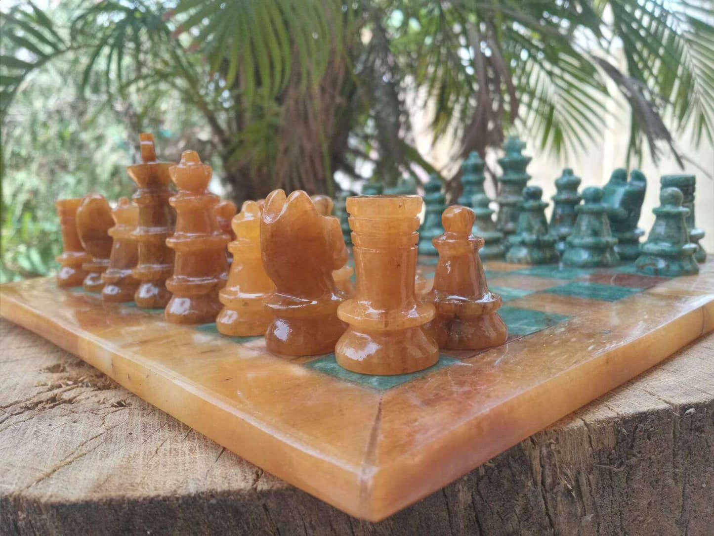 Handcrafted Yellow Aventurine Chess Set with Green Jasper Stones Home & Garden