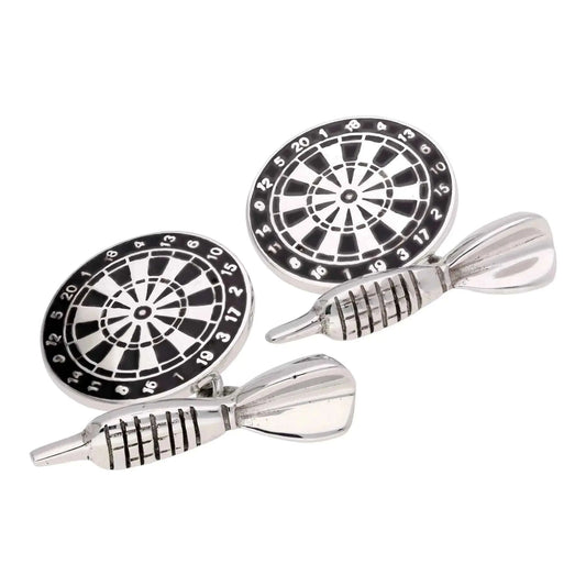 Sterling Silver Dart Cufflinks with Black Enamel Dart & Dartboard Design Cufflinks