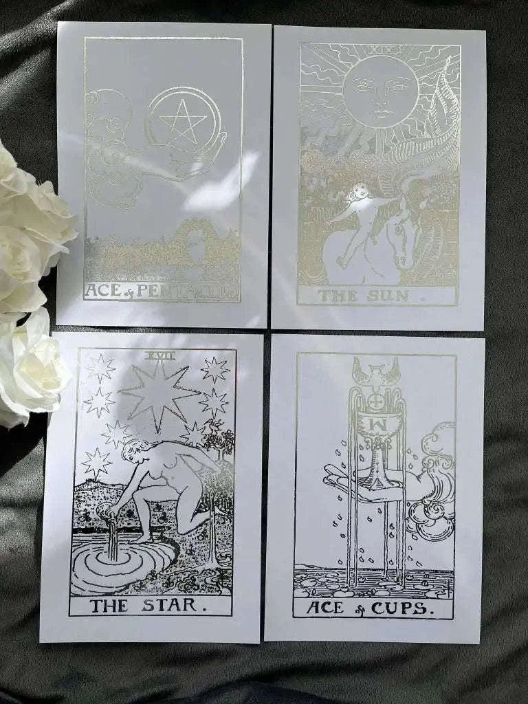Tarot Card Foil Prints White/Silver - Set of 4 for Elegant Home Decor Home Decor
