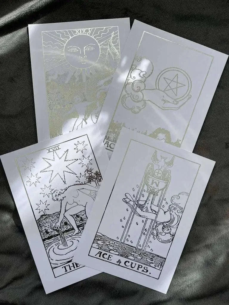 Tarot Card Foil Prints White/Silver - Set of 4 for Elegant Home Decor Home Decor
