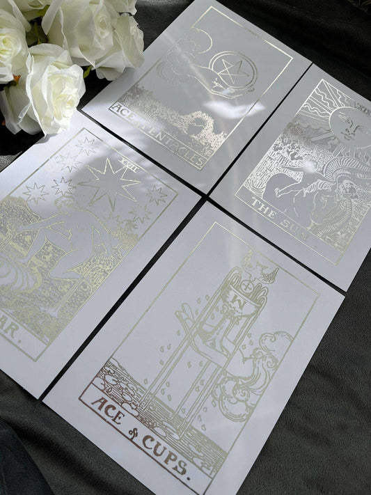 Tarot Card Foil Prints White/Silver - Set of 4 for Elegant Home Decor Home Decor